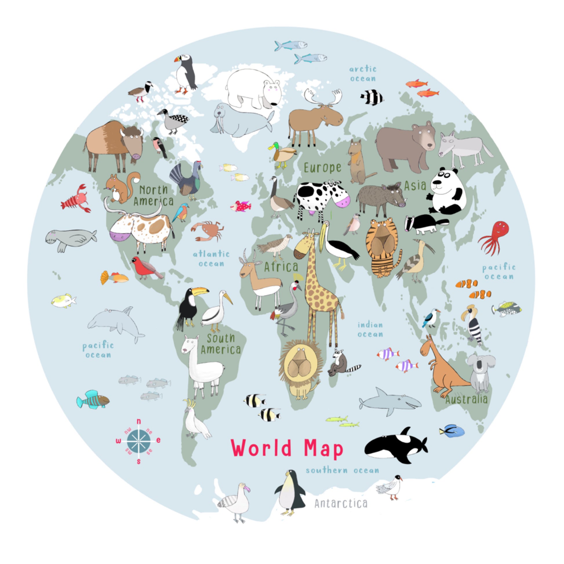 Mapa mundi de animais fofos