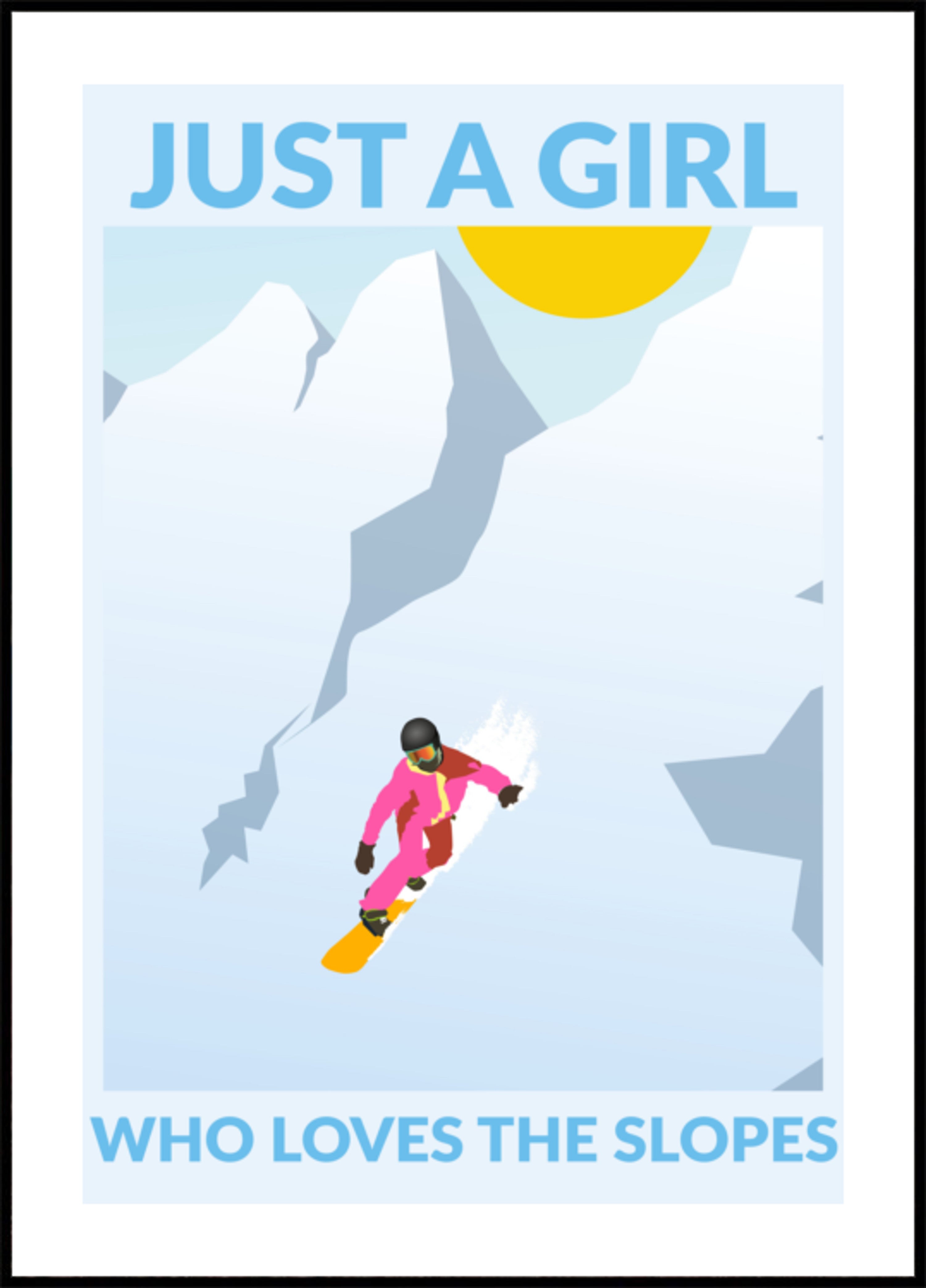 Garota praticando snowboard nas montanhas ensolaradas
