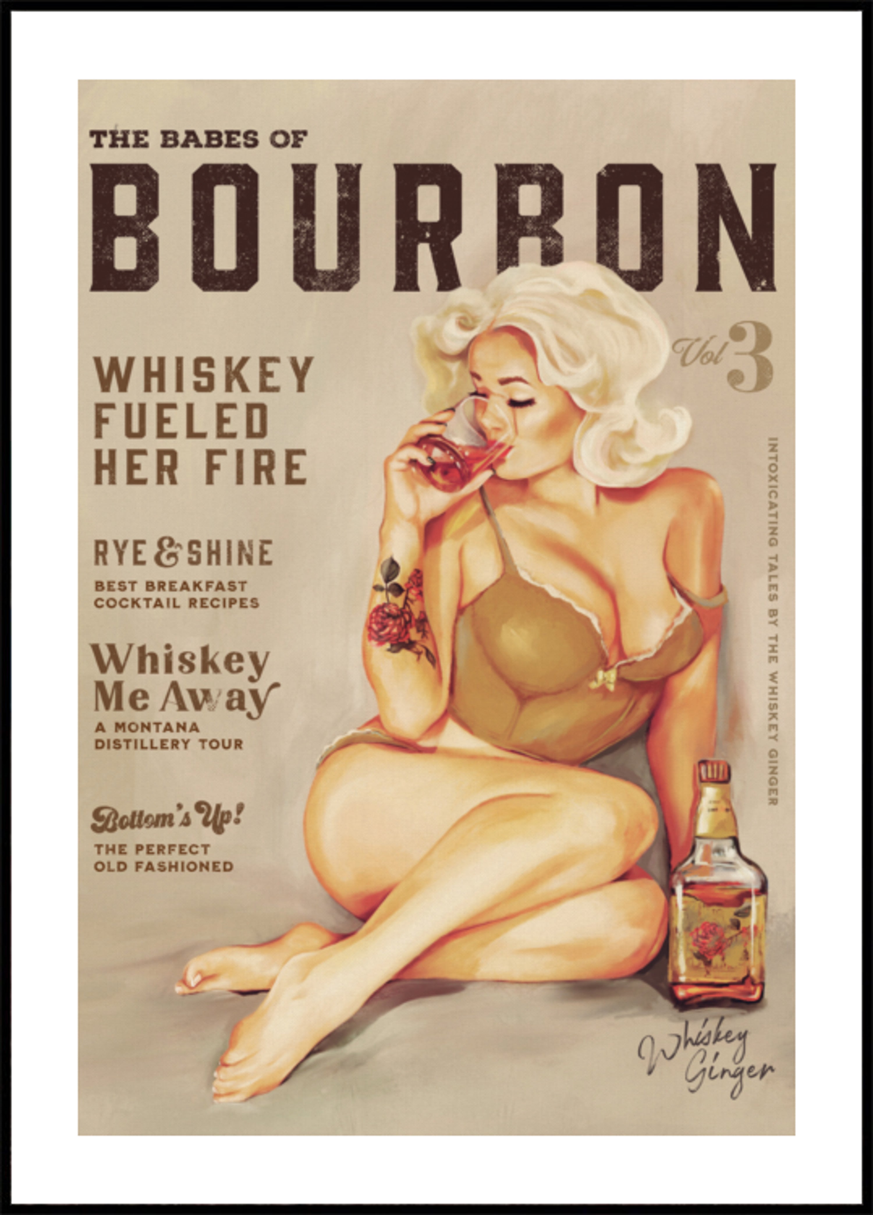 Arte da parede Bourbon. Garota sexy vintage pin up bebendo uísque