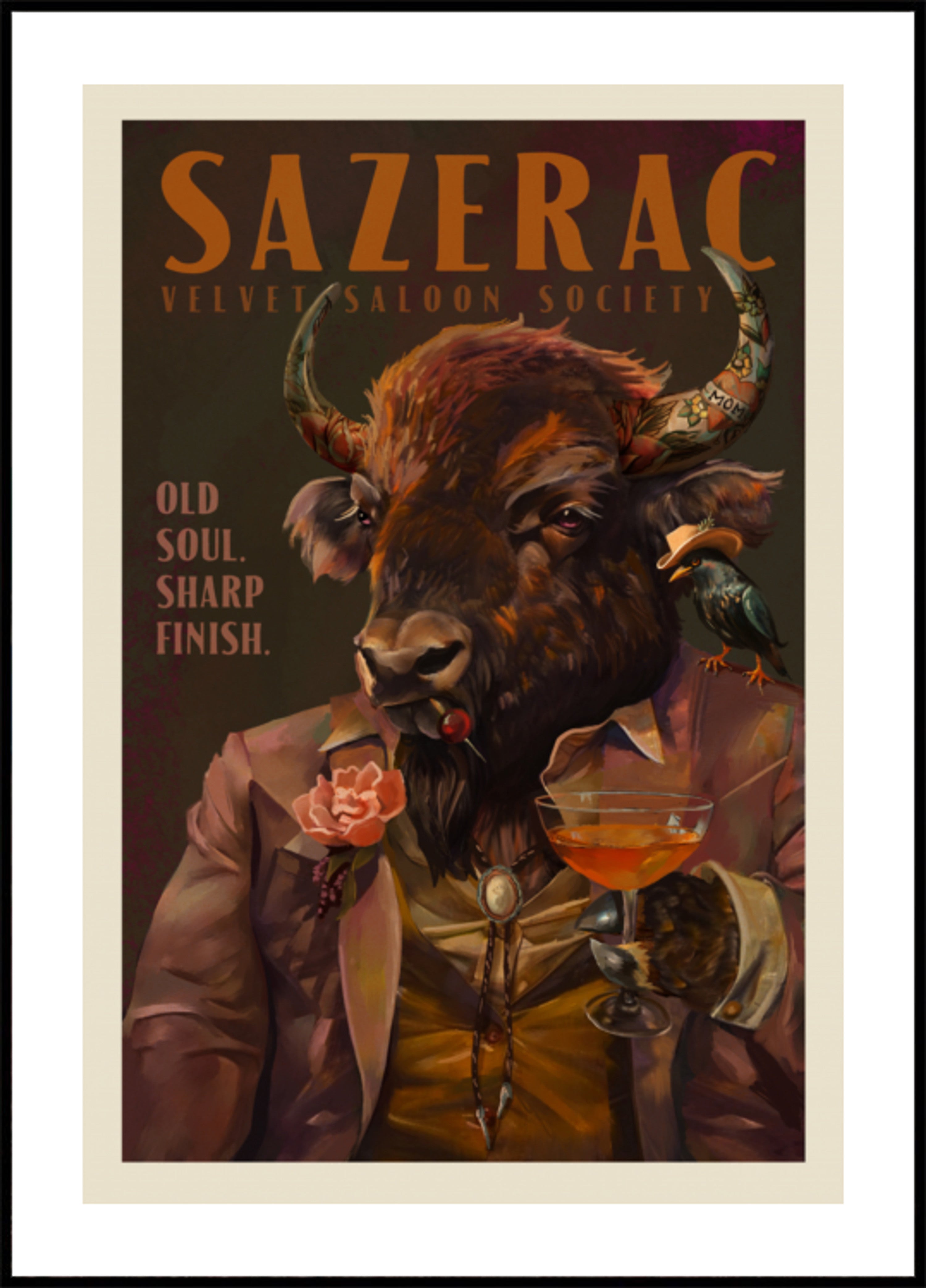 Búfalo bebendo coquetel Sazerac. Arte em bares de bebidas alcoólicas e licores