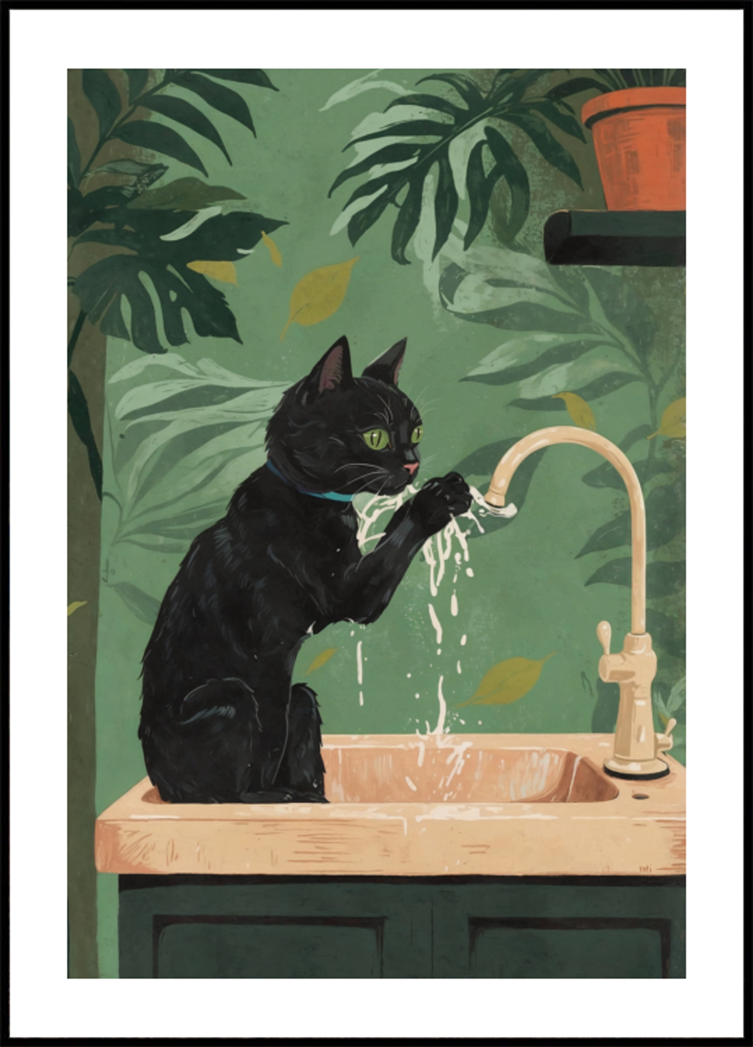 Brincadeira aquática do gato preto