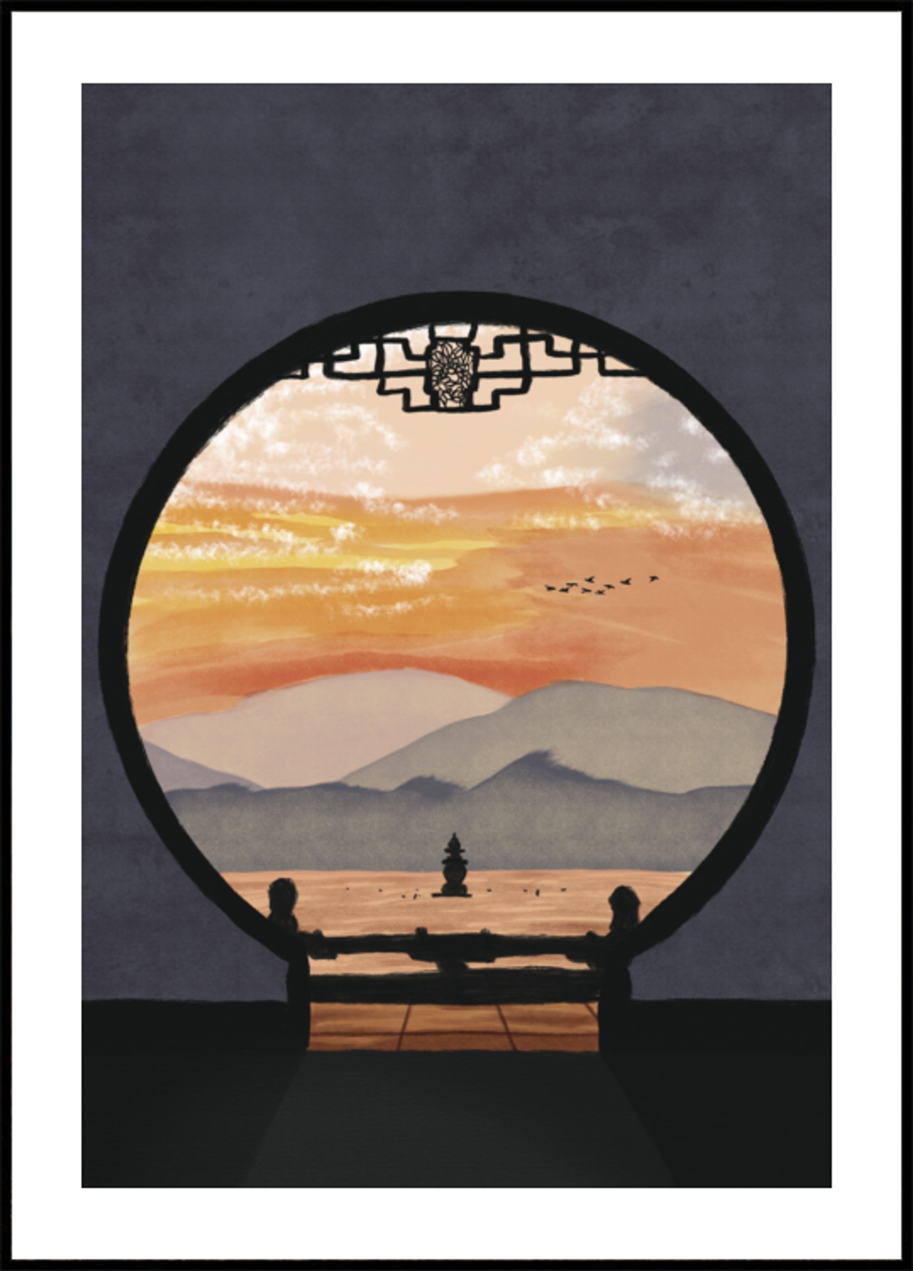 Vista do pôr do sol do pagode asiático