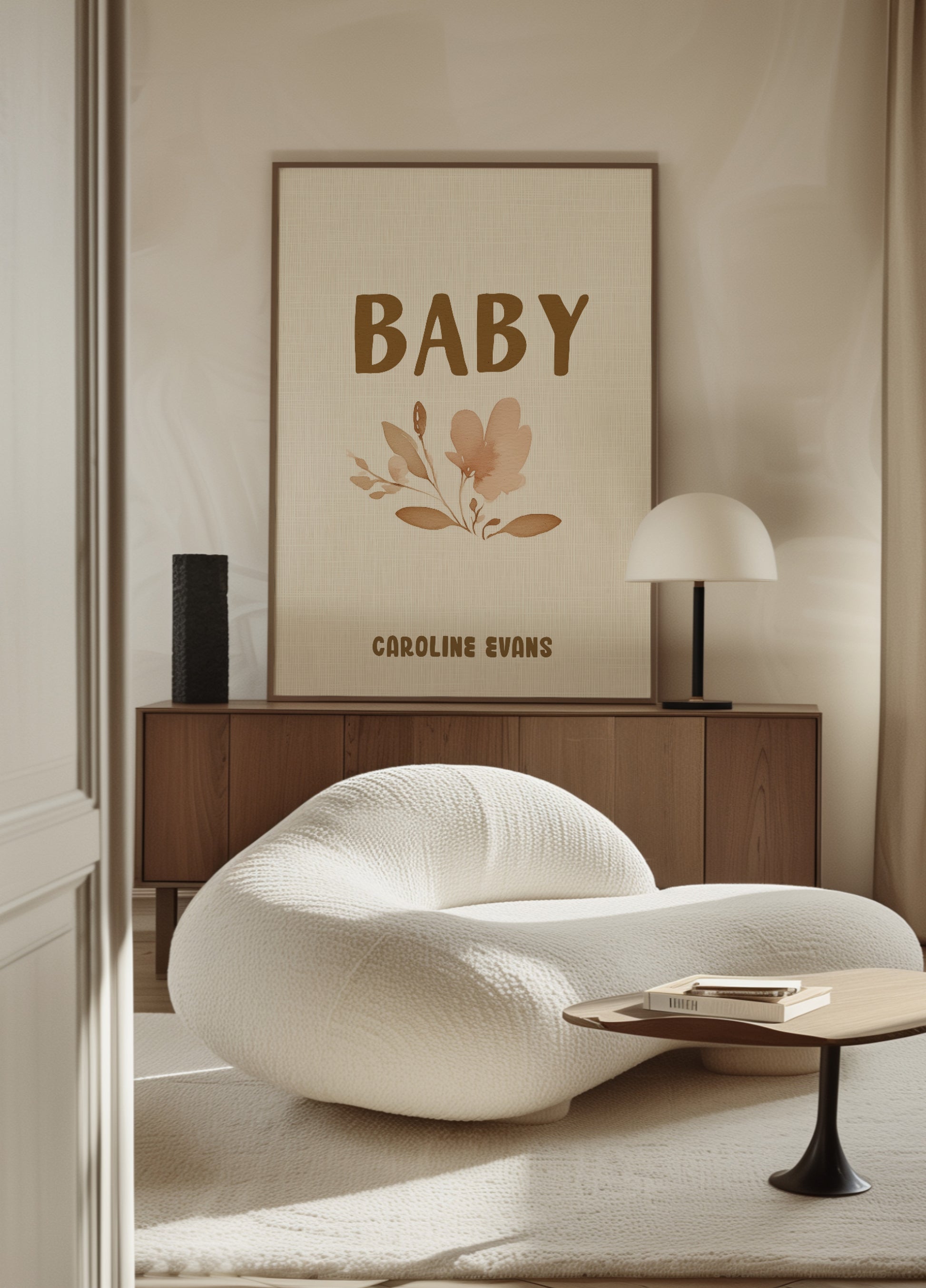 Arte de parede com nome de bebê com flor não personalizada