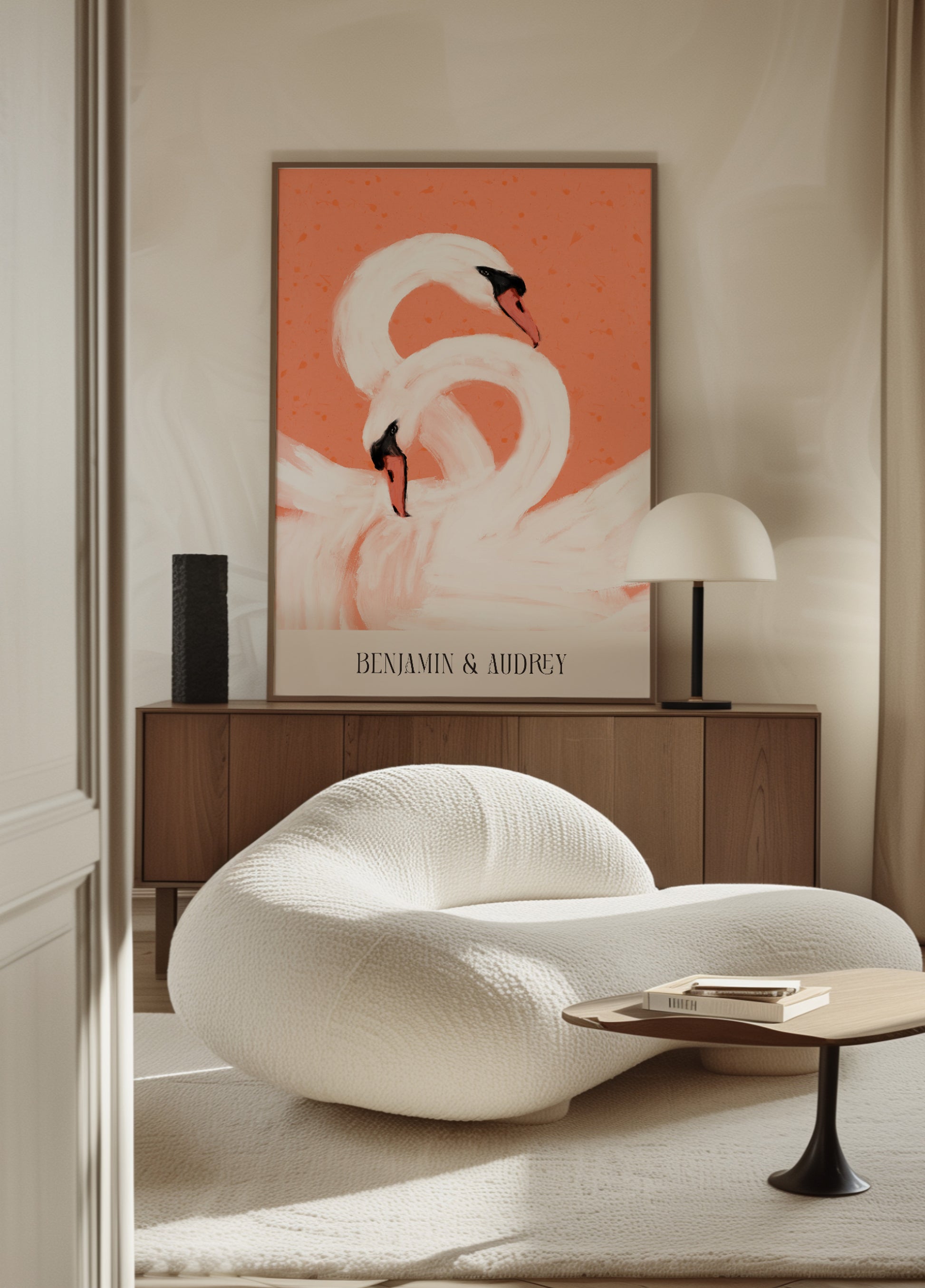 Cisnes elegantes em fundo coral
