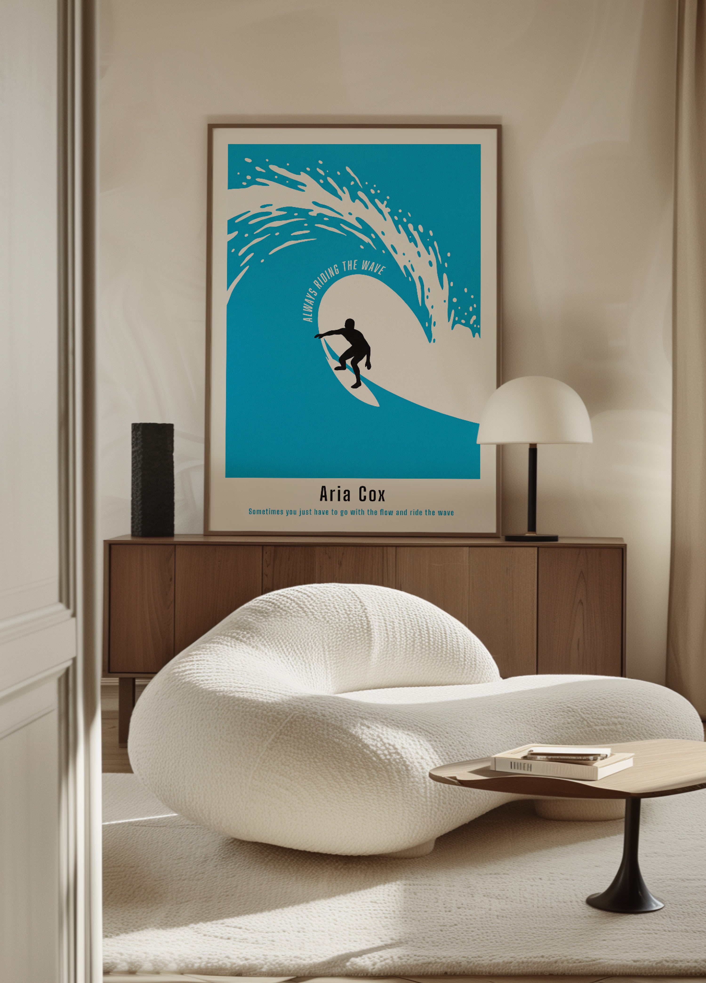 Cartaz não pessoal de surfista de uma onda