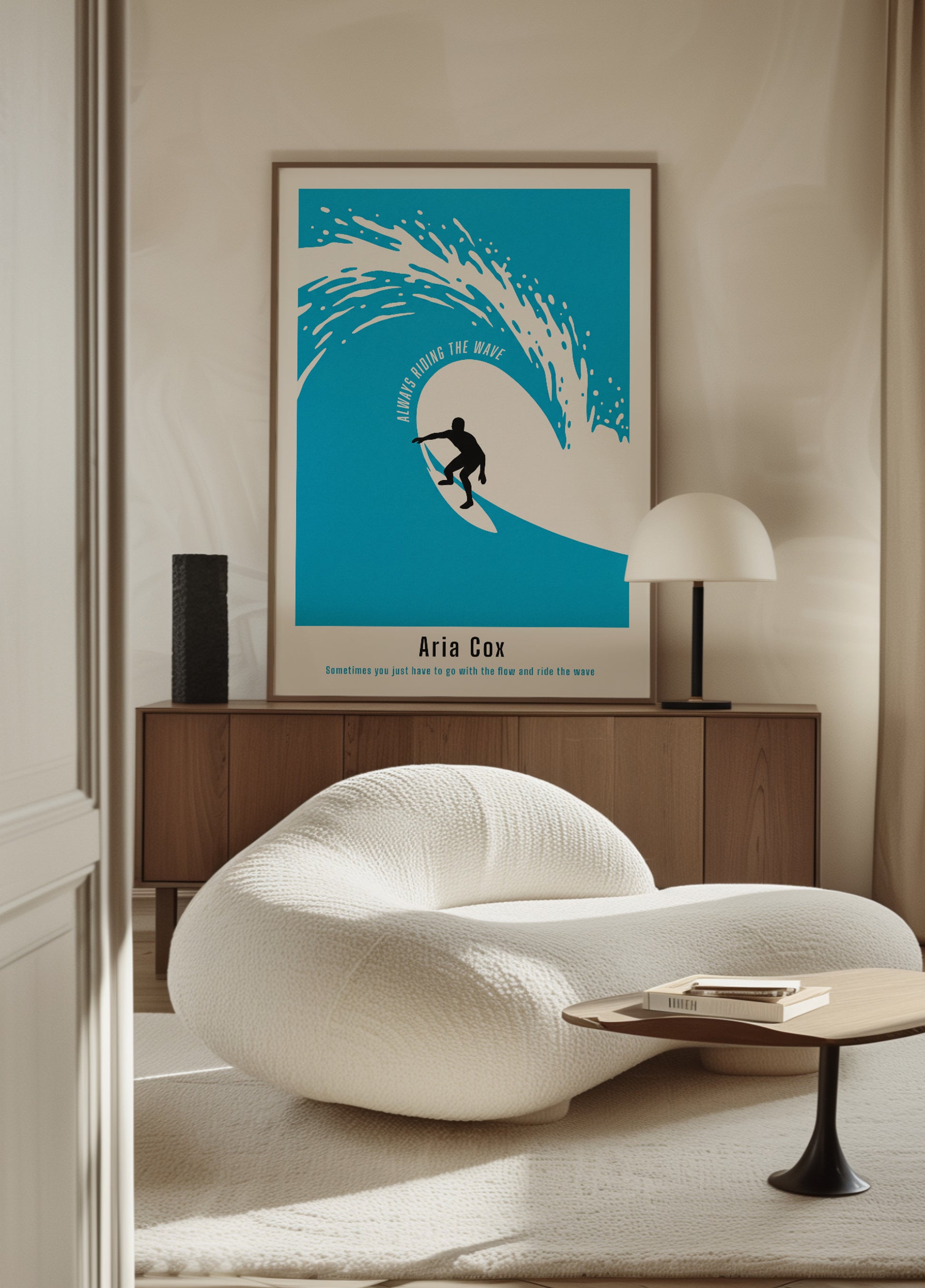 Cartaz não pessoal de surfista de uma onda