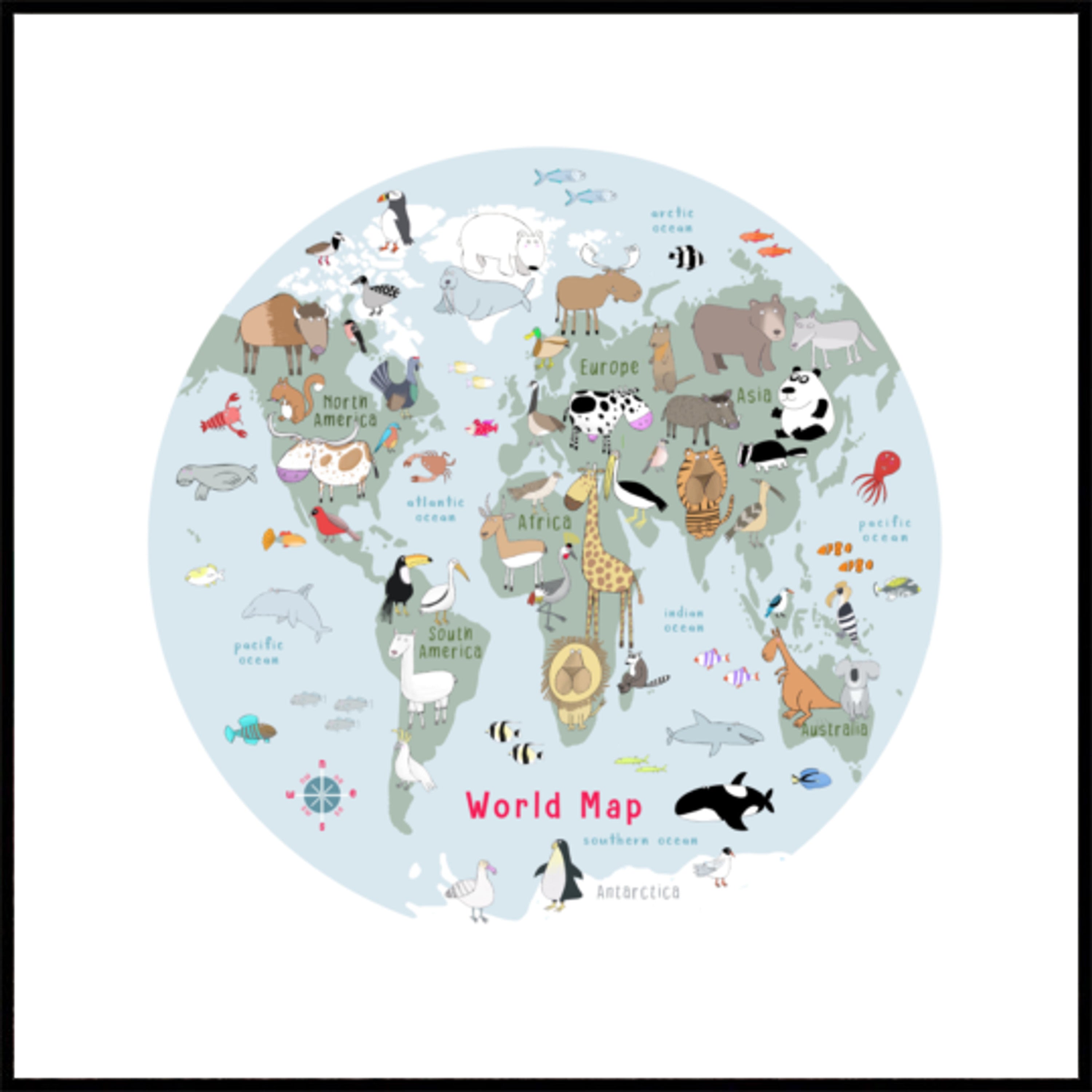 Mapa mundi de animais fofos
