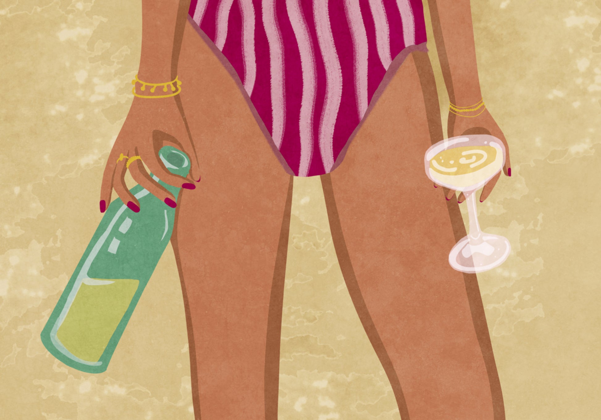 Menina com vinho na praia
