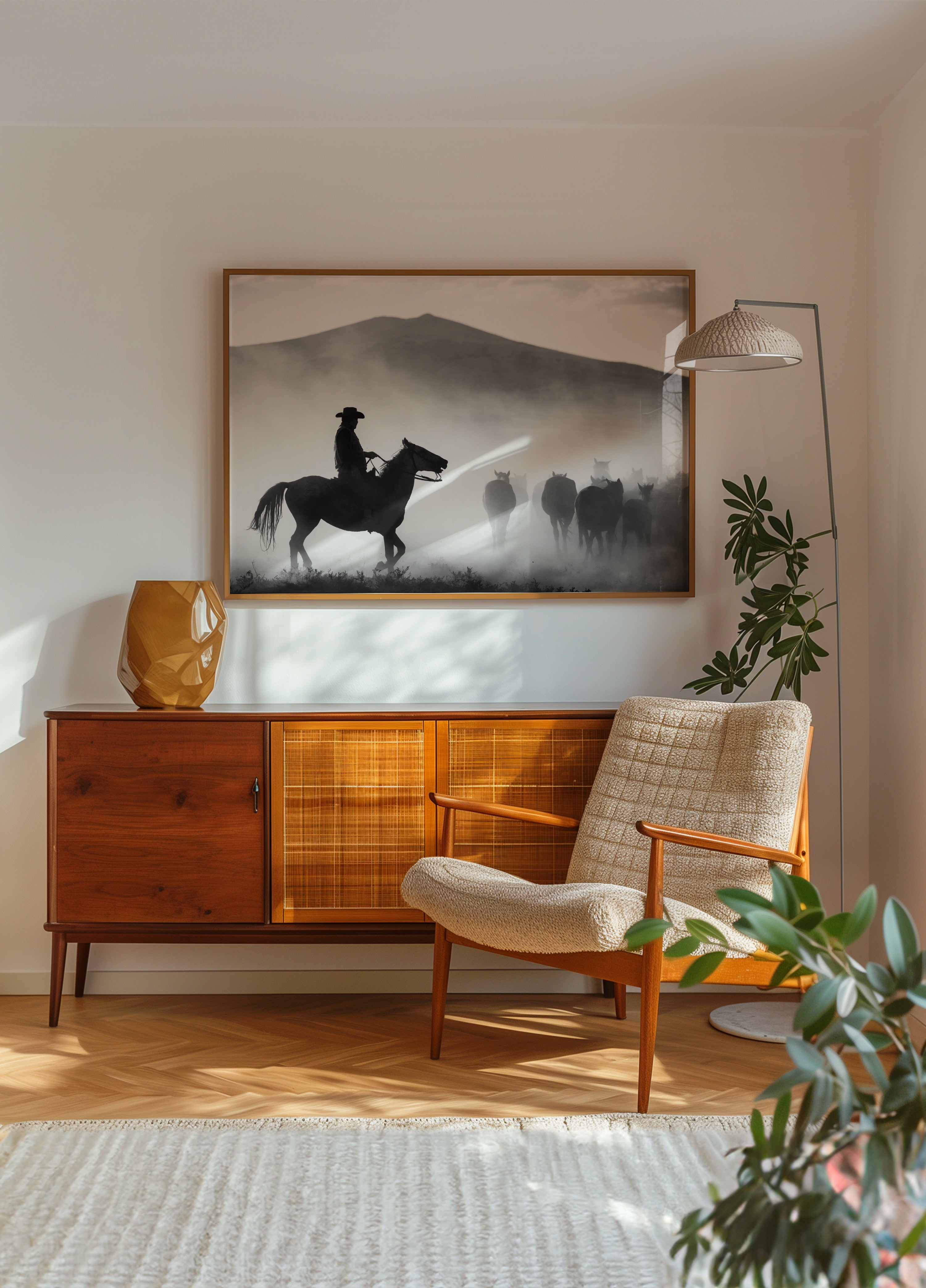 Cowboy pastoreando cavalos