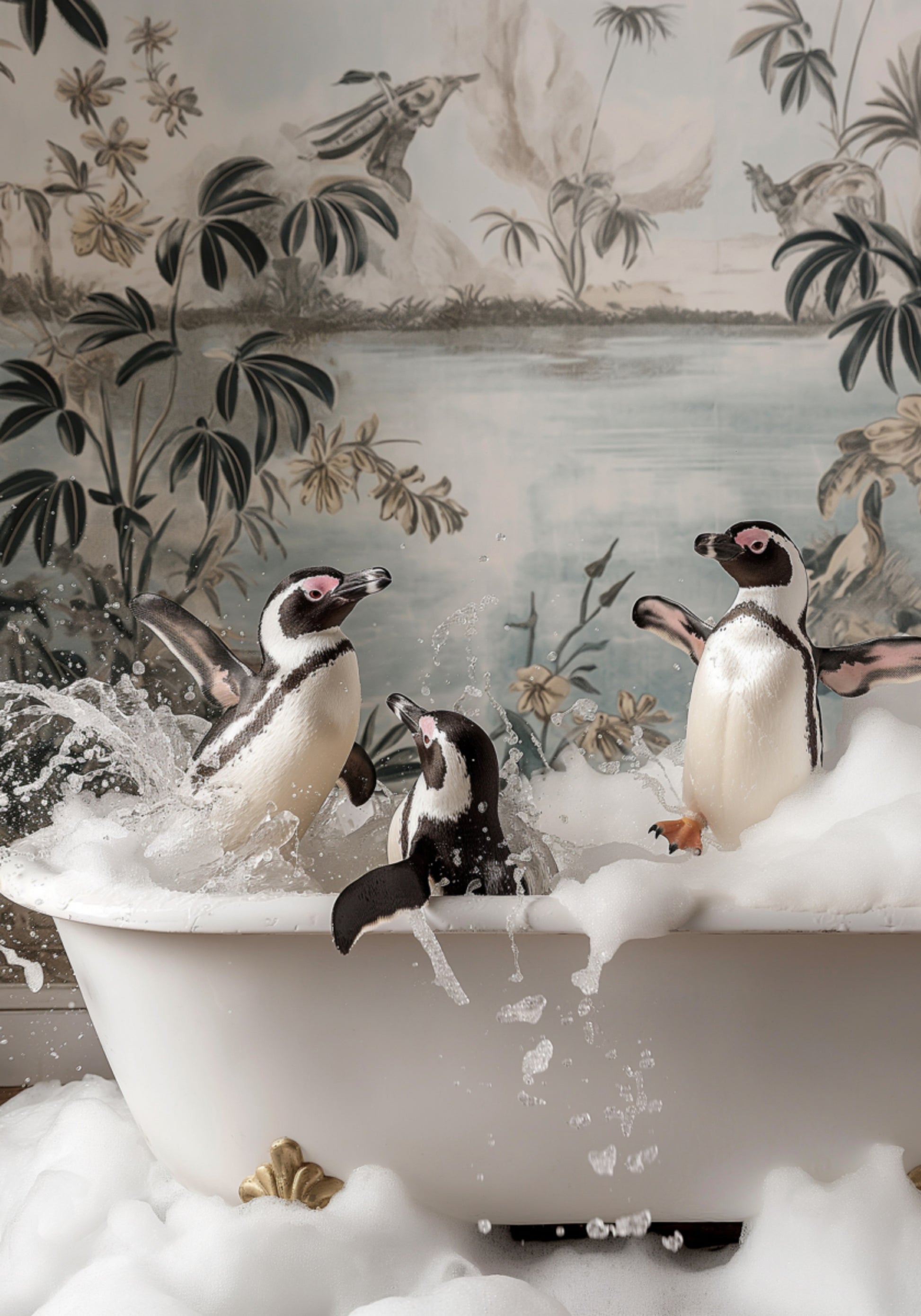 Banho de espuma de pinguins brincalhões