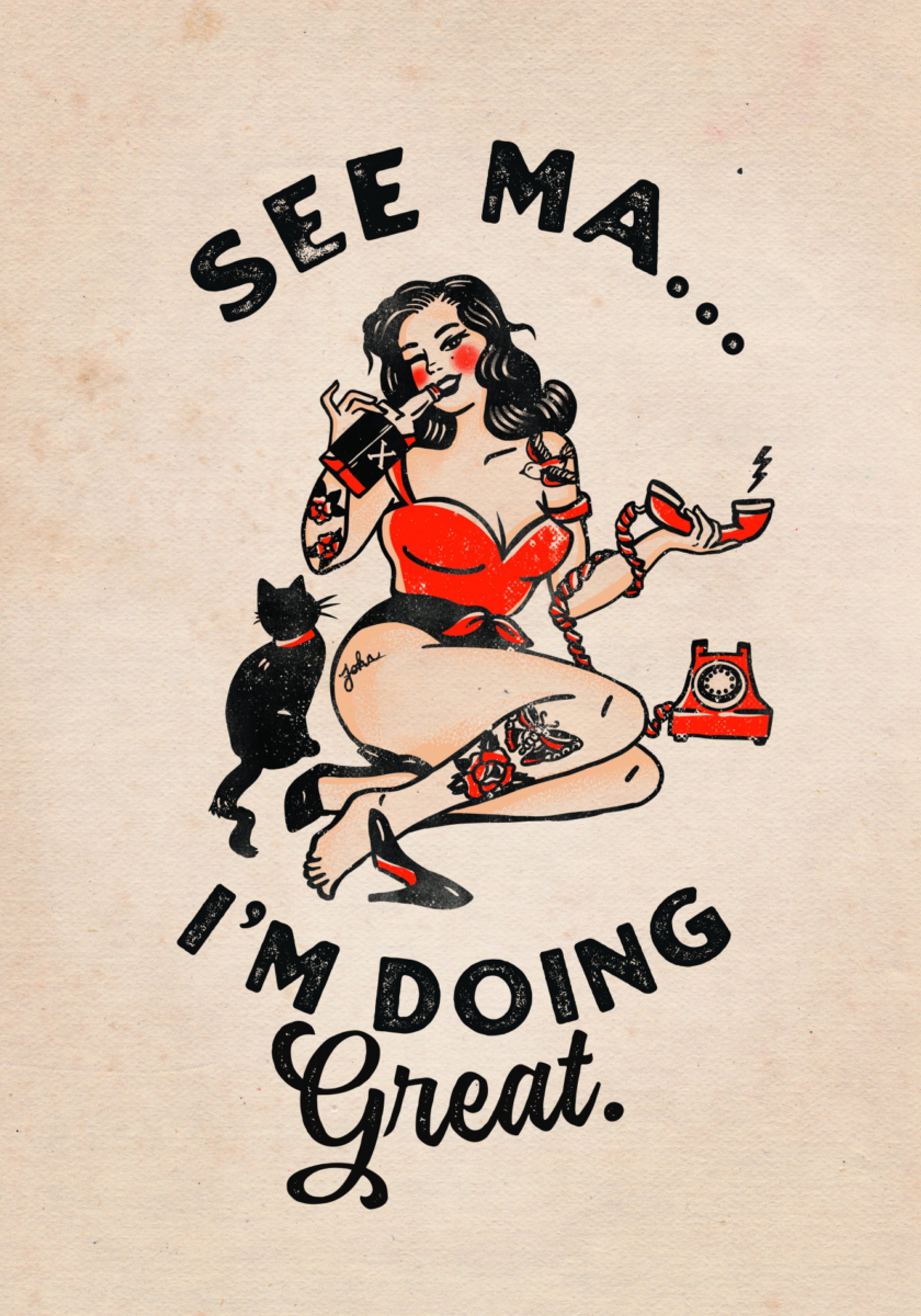 Veja Ma Poster Engraçado Vintage Pinup Girl & Cat