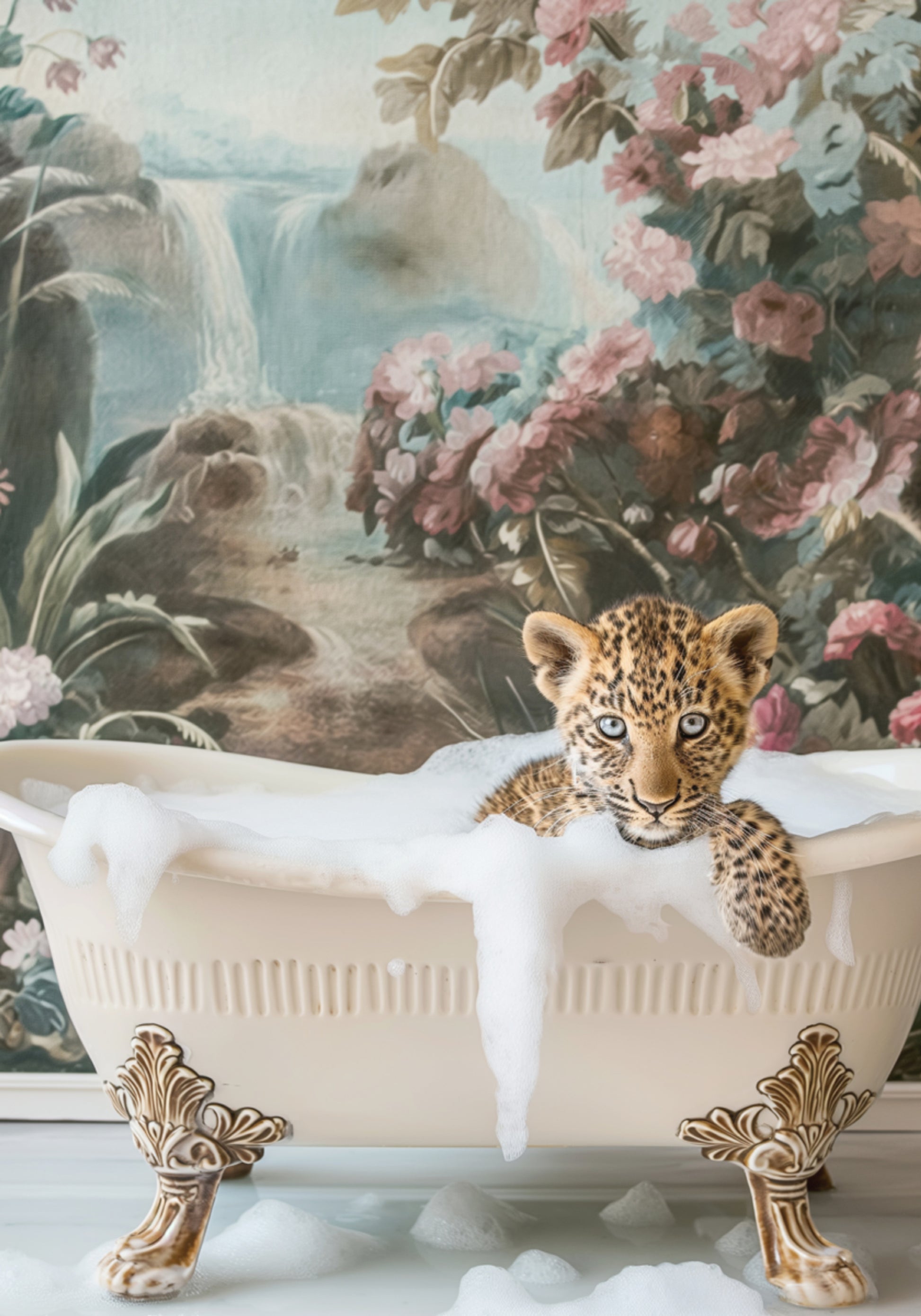 Banho de espuma do filhote de leopardo