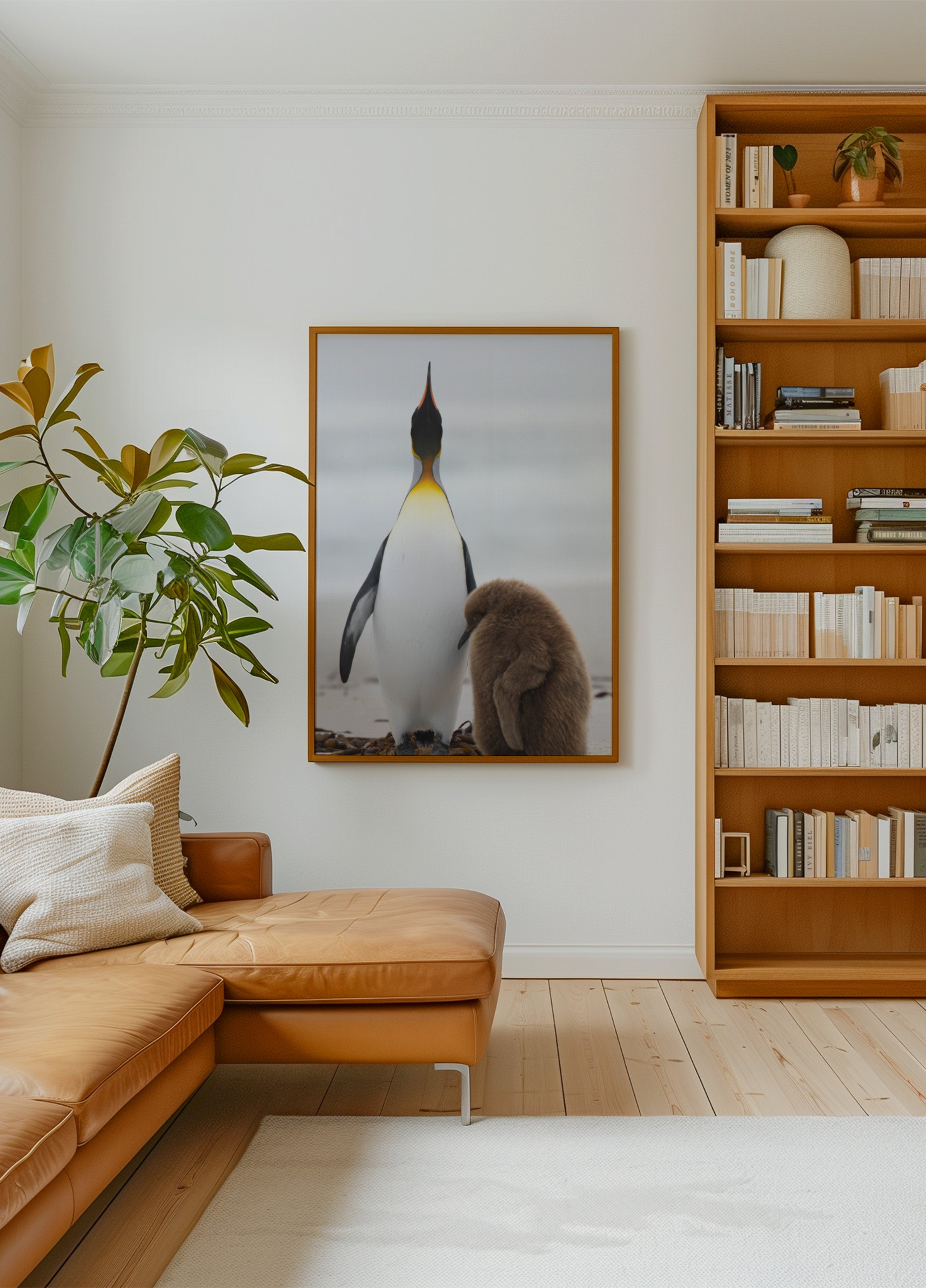 Família de pinguins na praia