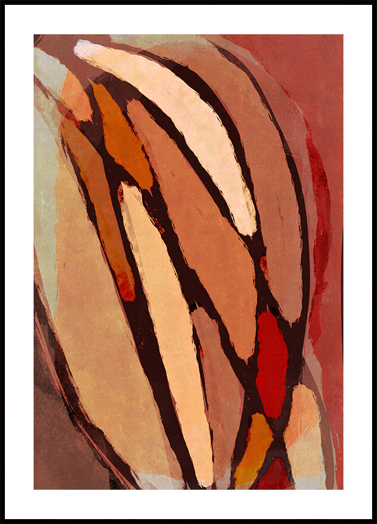 A imagem é uma pintura abstrata com pinceladas ousadas e sobrepostas em vários tons de marrom, laranja e vermelho, criando uma composição dinâmica e energética.