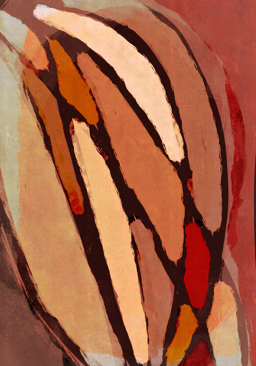 A imagem é uma pintura abstrata com formas ousadas e sobrepostas em vários tons de marrom, laranja e vermelho. A composição cria uma obra de arte abstrata dinâmica e visualmente impressionante.