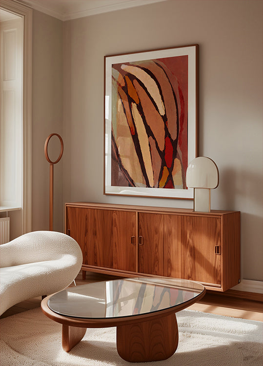 uma moderna sala de estar com uma grande pintura abstrata na parede, um armário de madeira, um sofá branco e uma mesa de centro com tampo de vidro.