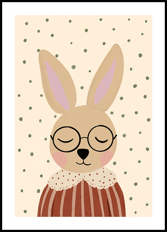 Um coelho de desenho animado de óculos e camisa listrada, com os olhos fechados, sobre um fundo de pontos verdes.
