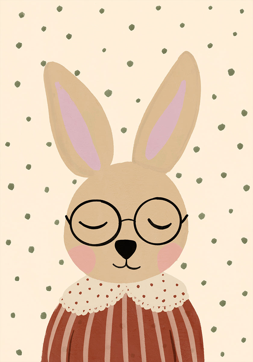 Um coelho de desenho animado usando óculos e uma camisa listrada vermelha e branca, com os olhos fechados e parecendo estar relaxado ou dormindo.