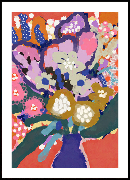 A imagem é uma pintura abstrata vibrante e colorida com uma variedade de flores e folhagens em diversas cores, incluindo tons de rosa, azul, verde e amarelo. A pintura é emoldurada por uma moldura preta, que contrasta com as cores vivas e vivas da obra.