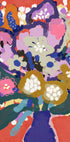 A imagem é uma pintura abstrata vibrante e colorida com uma variedade de flores e folhagens em diversas cores, incluindo tons de rosa, azul, verde e amarelo. A pintura é uma composição viva e dinâmica, com pinceladas ousadas e uma sensação de energia e movimento.
