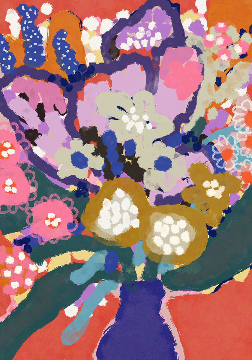 A imagem é uma pintura abstrata vibrante e colorida com uma variedade de flores e folhagens em diversas cores, incluindo tons de rosa, azul, verde e amarelo. A pintura é uma composição viva e dinâmica, com pinceladas ousadas e uma sensação de energia e movimento.